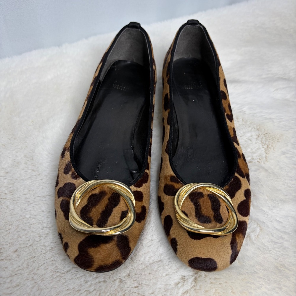 Stuart Weitzman Leopard Calf Hair Ballet Flats Gold Ring Accent Size 8 EW94322 - Picture 3 of 9